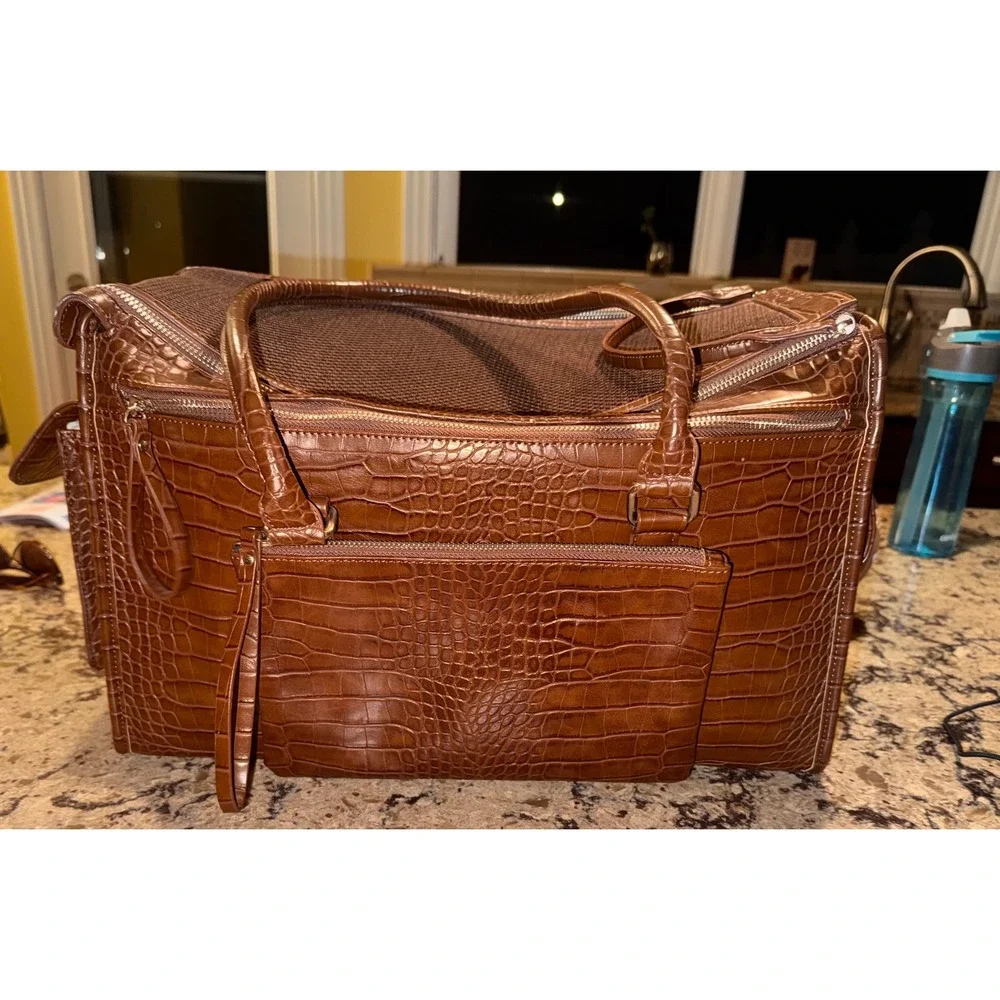 Croc Embossed Faux Leather Pet Carrier Brown Mesh Dog Cat Travel Bag 17in